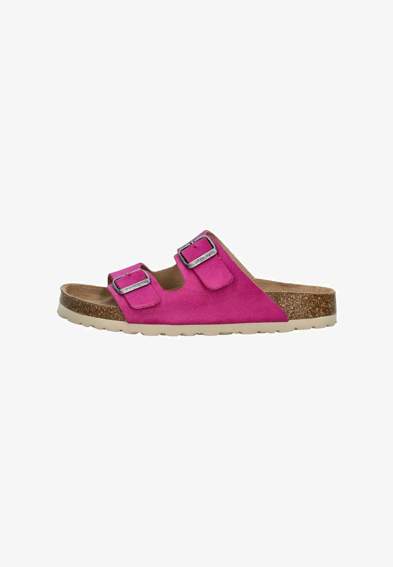 Rosa Wildleder-Slide-Sandale mit zwei verstellbaren metallischen Schnallen, Korkfußbett und beiger Gummisohle. Sie hat ein abgerundetes, offenes Design für die Zehen.