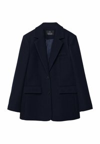 Marineblauer Blazer aus Wollmischung mit Reverskragen, zwei Vorder taschen und Knopfverschluss. Verfügt über ein glattes Innenfutter und eine taillierte Passform.