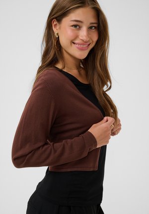 Junge Frau mit langen braunen Haaren lächelt, trägt eine braune kurze Strickjacke über einem schwarzen Oberteil und goldene Ohrringe vor einem einfarbigen Hintergrund.