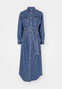 Denimu krekls-maka ar garām piedurknēm, priekšējā pogu aizdare, divas krūšu kabatas, jostots viduklis un noapaļota apakšmala; vidēji zila mazgāšana ar vieglu izbalējumu.