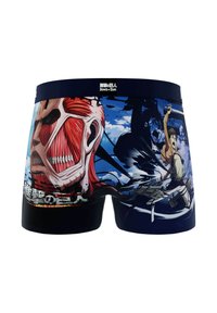 Boxer shorts pour hommes avec un design vif mettant en scène des personnages de "L'Attaque des Titans". Fabriqués en tissu lisse avec une ceinture navy.