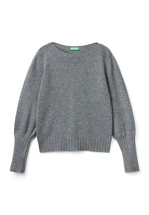 Pull en maille gris, col rond, manches longues avec poignets côtelés, tissu texturé, longueur cropped, finition douce.