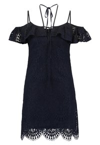 Robe bleu marine en dentelle à épaules dénudées avec manches à volants, bretelles spaghetti, lien au cou style halter, et ourlet festonné.