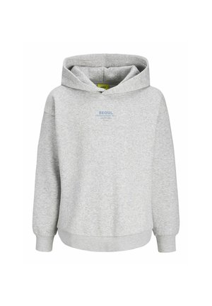 Sweat à capuche gris clair avec petit texte bleu "SEOUL" et écriture supplémentaire plus petite sur la poitrine, manches longues, bord-côtes aux poignets et à l'ourlet.