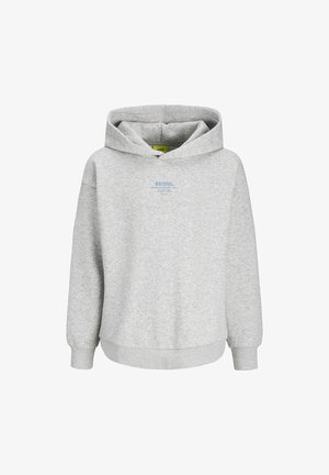 Sweat à capuche gris clair avec petit texte bleu "SEOUL" et écriture supplémentaire plus petite sur la poitrine, manches longues, bord-côtes aux poignets et à l'ourlet.