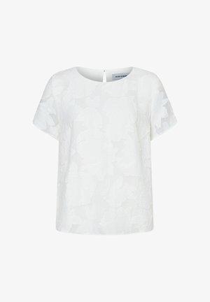 Weiße Bluse mit kurzen Ärmeln, dezent floral strukturiertem Muster, rundem Ausschnitt und Rücken mit Schlüsselloch-Buttonverschluss.