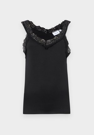 Sort ærmeløs top med blonder omkring halsudskæringen og skuldrene, ribbet stoftekstur, tøjlabel synlig indeni halsudskæringen.