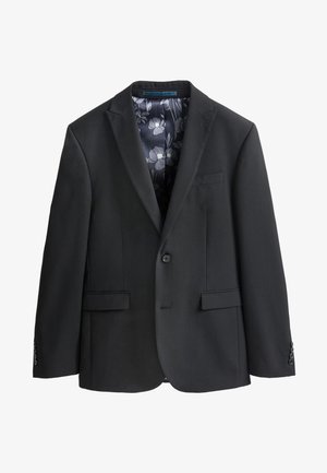 Czarna marynarka z klapami w kształcie litery "notch", zapinana na jeden guzik, z dwoma przednimi kieszeniami i kontrastową podszewką w kwiatowy wzór. Gładka tekstura materiału.