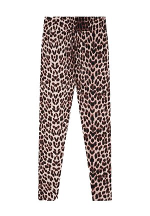 Leopardenmuster Leggings aus weichem Stoff; mit einem cremfarbenen Grund und dunkelbraunen Flecken, schmalem Schnitt und elastischem Bund. Keine Taschen.