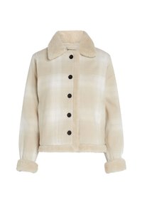 Veste à carreaux beige avec boutons noirs, col, poignets et ourlet doublés en sherpa, manches longues et coupe droite.