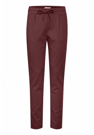 Burgundské tapered jogger kalhoty vyrobené z měkké látky, s elastickým pasem na šňůrku a dvěma bočními kapsami.