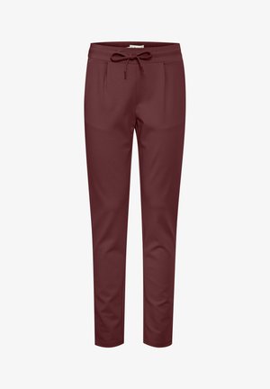 Pantalones jogger ajustados burdeos hechos de tela suave, con una cinturilla elástica con cordón y dos bolsillos laterales.