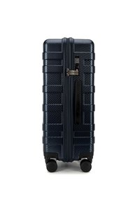 Hartschalenkoffer in Dunkelblau, mit strukturierter Oberfläche, vertikalen Rillen, doppelten Rollen, einem Zahlenschloss und einem Seitengriff für einfachen Transport.