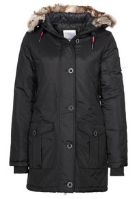 Černá zateplená parka s kožešinovou kapucí, s knoflíkovým zapínáním, dvěma předními kapsami a žebrovanými manžetami pro větší teplo.