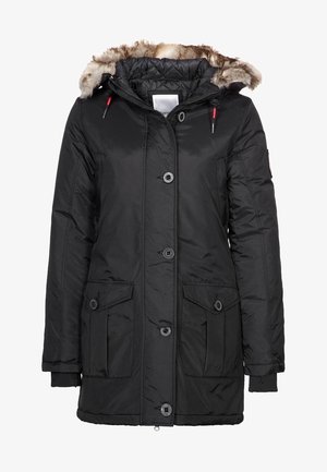 Sort isoleret parka med pelsforet hætte, udstyret med knaplukning, to forlommer og ribbede mansjetter for ekstra varme.