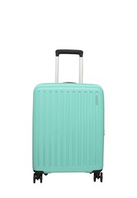 Valigia rigida di colore verde menta con righe verticali, manico retrattile e quattro ruote nere per una mobilità fluida.