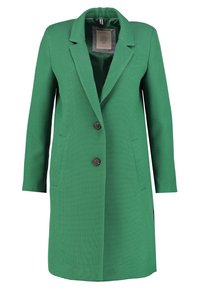 Grüner, strukturierter Mantel mit schmalem Revers, zwei vorderen Taschen und zwei Knöpfen, der ein schlankes und modernes Design zeigt.