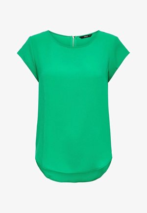 Blusa verde a maniche corte con scollo rotondo, chiusura posteriore con zip e orlo curvo. Realizzata in tessuto leggero e liscio.