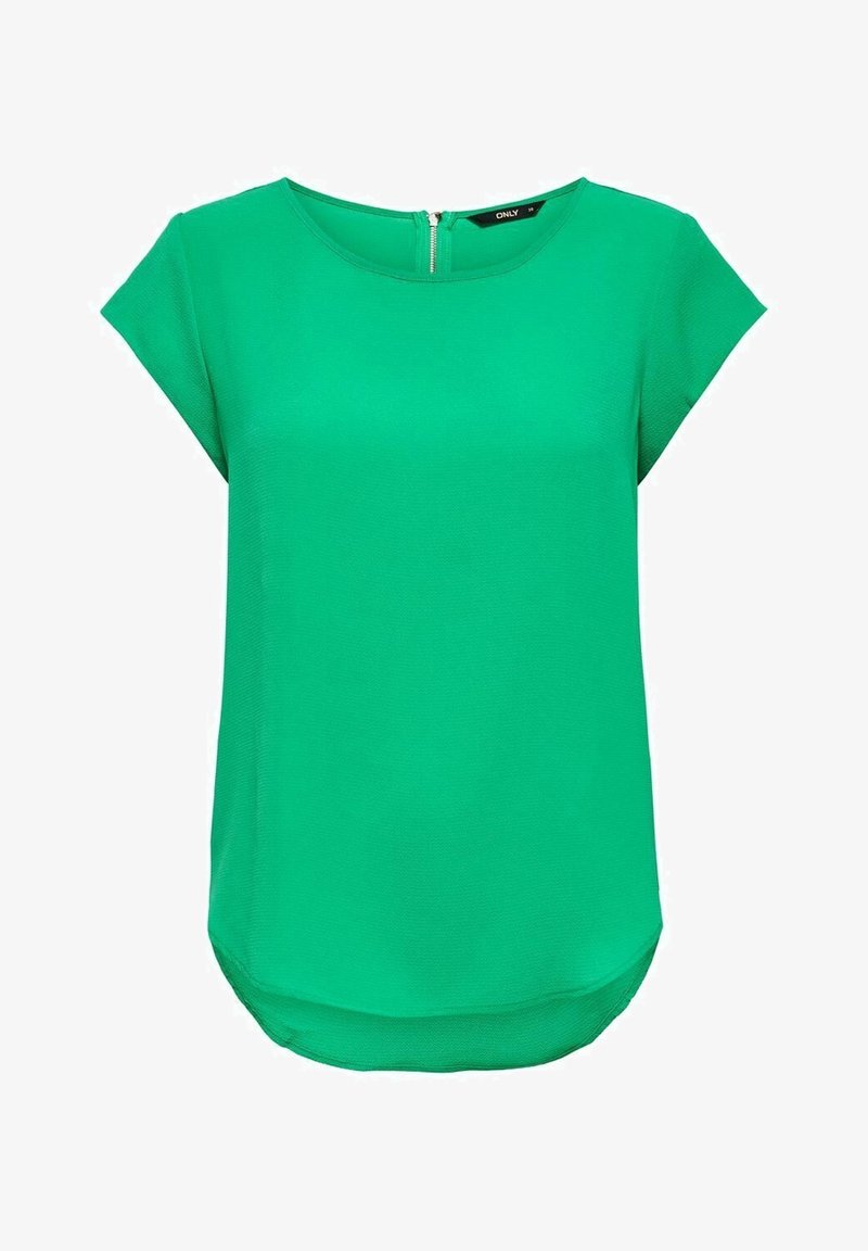 Blouse verte à manches courtes avec un col rond, une fermeture éclair au dos et un ourlet arrondi. Fabriquée en tissu léger et lisse.
