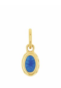 Ciondolo dorato con una pietra blu ovale dalla superficie texturizzata, incorniciata da una cornice d'oro liscia e un anello rotondo per il fissaggio.