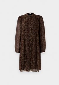 Brūna un melna leopardu raksta kleita ar garām piedurknēm, pogu aizdari priekšā un savāktu jostasvietu, izgatavota no caurspīdīga auduma.