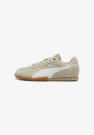 Beige sneakers met een witte zijstreep, gemaakt van suede en leer, vetersluiting, gestructureerde rubberen zool en gouden veteroog details.