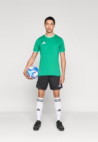 Πράσινο αθλητικό μπλουζάκι με λευκή διακόσμηση, μαύρο σορτς, λευκές κάλτσες με μαύρες ρίγες και μαύρα παπούτσια ποδοσφαίρου, κρατώντας μια πολύχρωμη μπάλα ποδοσφαίρου.