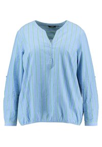 Hellblaues Langarmshirt mit vertikalen grünen Streifen, V-Ausschnitt, drei Knöpfen an der Vorderseite und einem elastischen Bund für eine lockere Passform.