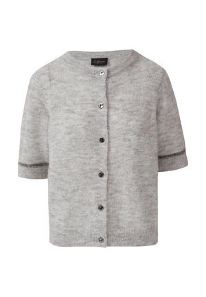 Graue kurzärmlige Strickjacke aus weichem Material, mit rundem Ausschnitt, fünf Knopfverschluss und dezenten dunkleren Akzenten.