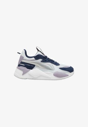 Sport sneaker featuring a combination of navy, light gray, and lavender materials. Mesh and suede textures with prominent sole and accents.