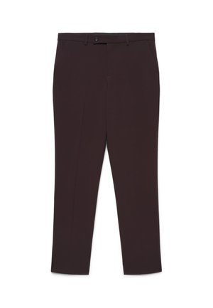 Pantalon sur mesure marron foncé avec fermeture par bouton et zip, passants de ceinture et coupe slim sur fond blanc.