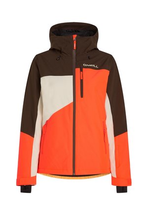 Colorful ski jacket with a hood, featuring brown, orange, and white panels. Includes zippered pockets and an adjustable hem.