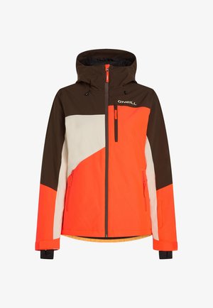 Colorful ski jacket with a hood, featuring brown, orange, and white panels. Includes zippered pockets and an adjustable hem.