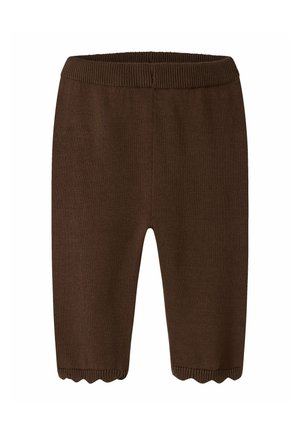 Pantalon bébé tricoté marron avec ceinture élastique et bords festonnés aux ouvertures des jambes.