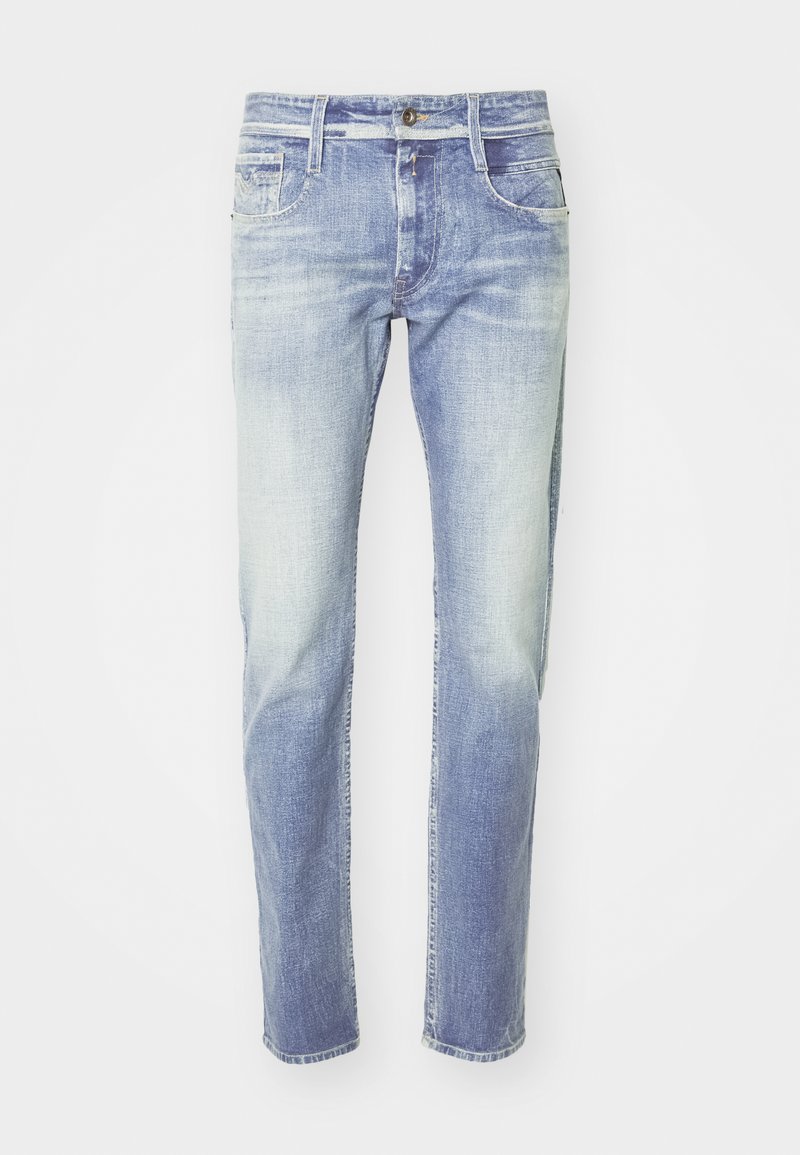 Helle blaue Jeans aus Denim mit einer ausgewaschenen Optik, geradem Bein, fünf Taschen und einem Knopf- sowie Reißverschluss.