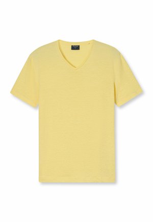 Gelbes V-Ausschnitt-T-Shirt aus strukturiertem Stoff. Kurze Ärmel, lässiges Design mit glatter Oberfläche und minimalistischer Stil.