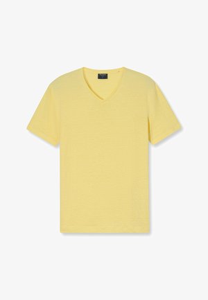Yellow V-neck t-shirt made of textured fabric. Short sleeves, casual design, with a smooth finish and minimalistic style.