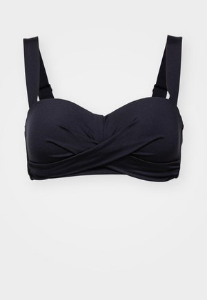 Mustmust bikini ülaosa keeratud eesmine disain, pehme kangas, reguleeritavad rihmad ja struktureeritud, valatud tassikujundus.