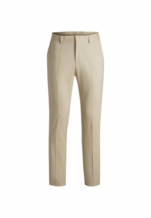 Beige tailored trousers with a straight leg design, featuring front pleats and a smooth texture. No visible pockets or embellishments.