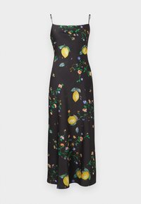 Μαύρο μάξι φόρεμα χωρίς μανίκια με λεπτές τιράντες, διακοσμημένο με κίτρινες λεμονιές και πολύχρωμα λουλουδένια σχέδια.