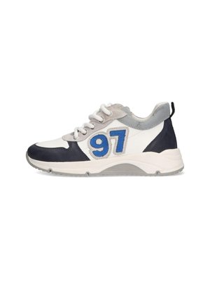 Sneaker with a mix of white, navy, and grey suede and mesh. Features the number "97" in blue, round toe, and textured rubber sole.
