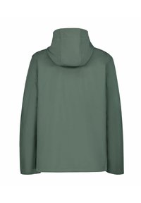 Giacca impermeabile verde foresta con cappuccio, caratterizzata da dettagli sulle cuciture, maniche lunghe e un taglio dritto all'orlo.