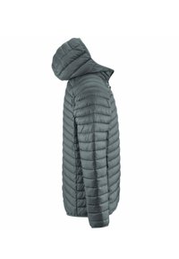 Giacca imbottita di colore grigio scuro, con cappuccio, texture trapuntata, zip laterale e design aderente. Il materiale sembra leggero e isolato.