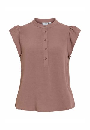 Kortærmet bluse i mauve med mandarinhals og fem-knaps placket, med let opsamlede kappenærmer.