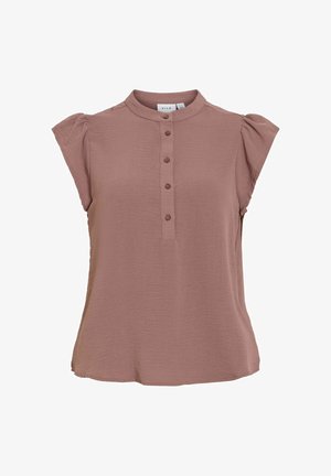 Kortærmet bluse i mauve med mandarinhals og fem-knaps placket, med let opsamlede kappenærmer.