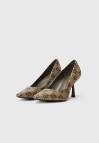 Καφέ ψηλοτάκουνα με μοτίβο, που διαθέτουν μυτερή μύτη, υφασμάτινη υφή και μεσαίο τακούνι στιλέτο.