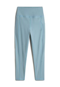 Leggings sportivi blu chiaro realizzati in tessuto liscio, con cuciture sottili a contrasto, vita alta e una tasca laterale.