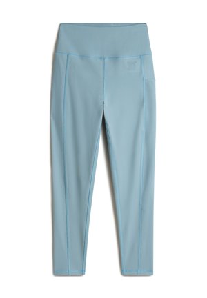 Light blue athletic leggings made of smooth fabric, featuring contrasting thin seams, a high waistband, and a side pocket.