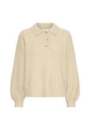 Suéter de lana beige de manga larga con puños y dobladillo acanalados, cuello y tres botones beige en la tapeta delantera.