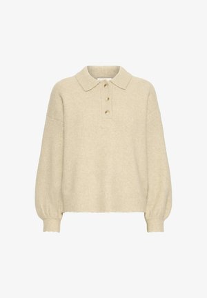 Beige villapaita pitkillä hihansuilla, joissa on resorit, kaulus ja kolme beigeä nappia edessä.